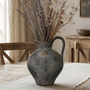 Rustic Ceramic Brown Vase with Handle,Antique 8.9 Inches Terracotta Vase for Home Decor,Living Room, Entryway,Farmhouse,Wedding and Thanksgiving Gift