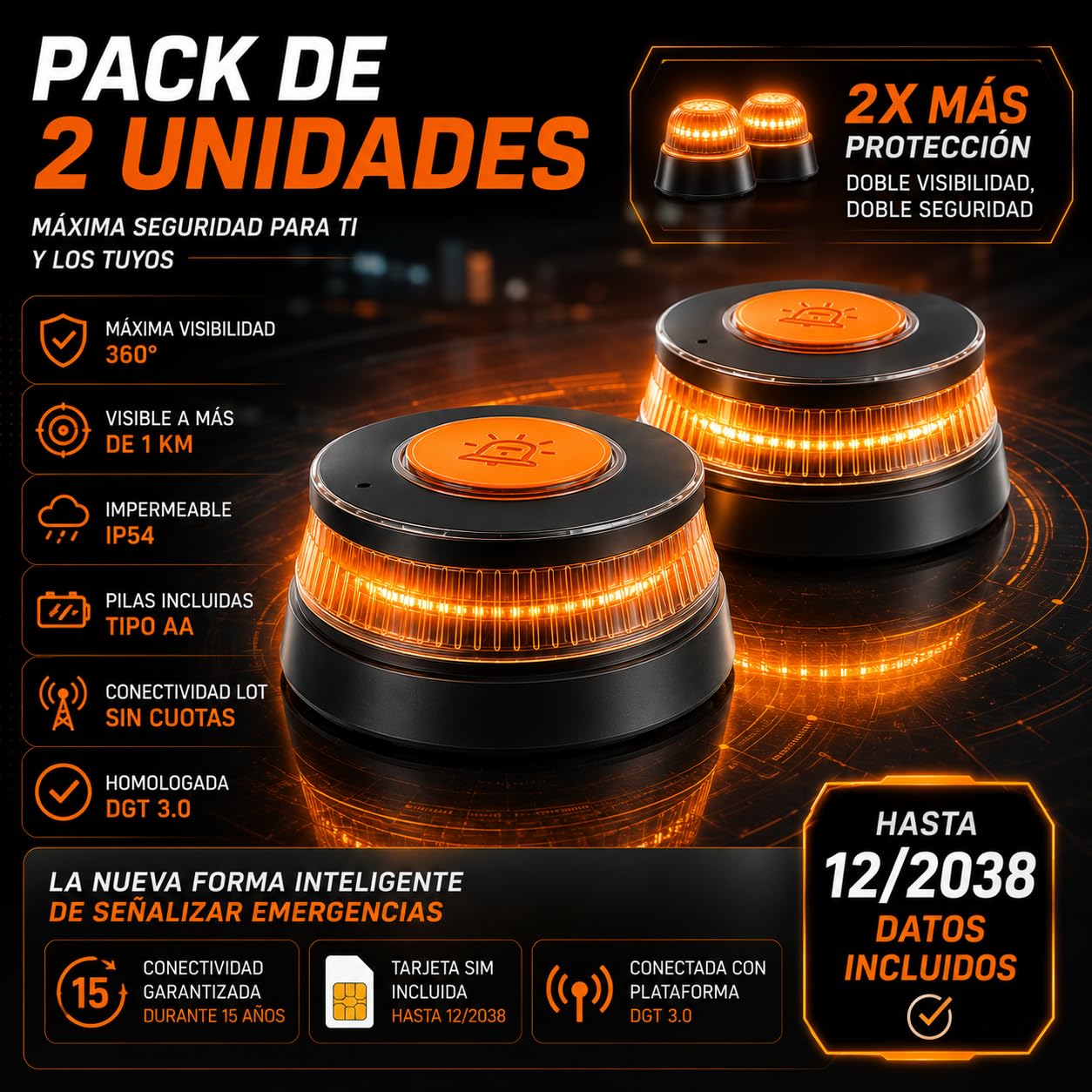 TIENDA EURASIA - Baliza V16 Homologada Dgt con Geolocalizador | Luz de Emergencia Coche | Incluye Tarjeta Sim 12 Años | Base Magnética | Impermeable IP54 | Pilas Incluidas (Pack 2)