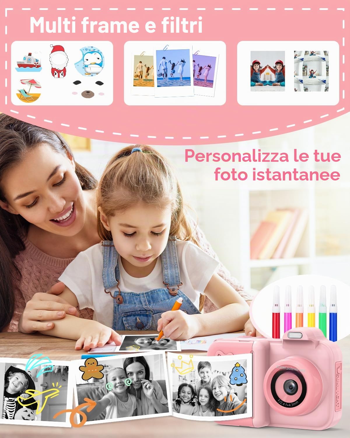Macchina Fotografica Bambini Istantanea, 2.4" Fotocamera Digitale Selfie con 24MP/1080P HD Videocamera, 32GB Scheda, 5 Rotoli Carta Stampa Fotocamera Bambini per Ragazze Ragazzi da 3-14 Regalo, Rosa
