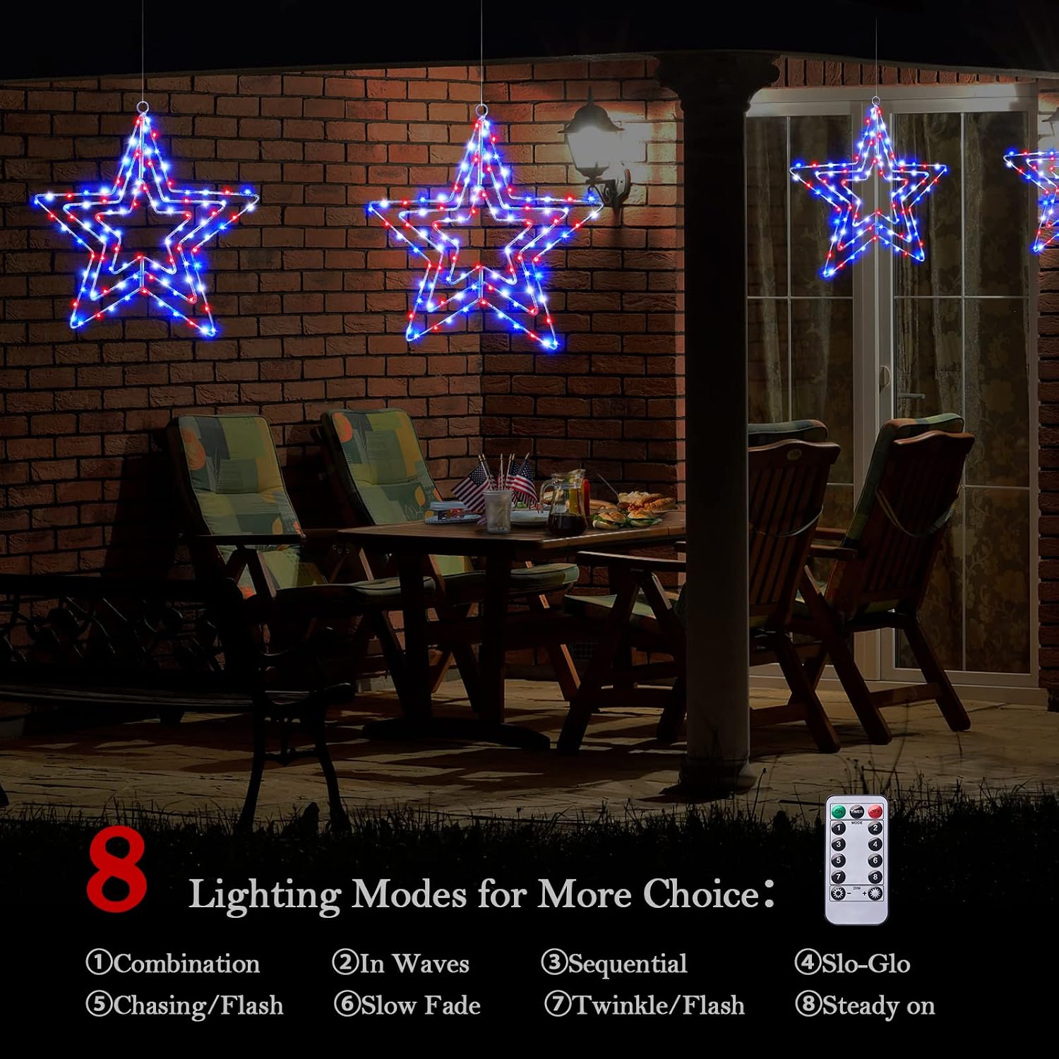 BlcTec 4th of July Decorations, 3 Layers of 14inch Red White Blue Big Stars with Rotatable Function, Durable Metal Frame Patriotic Stars Lights with Remote, 8 Modes & Timer for July 4th Decor, 2 Packs