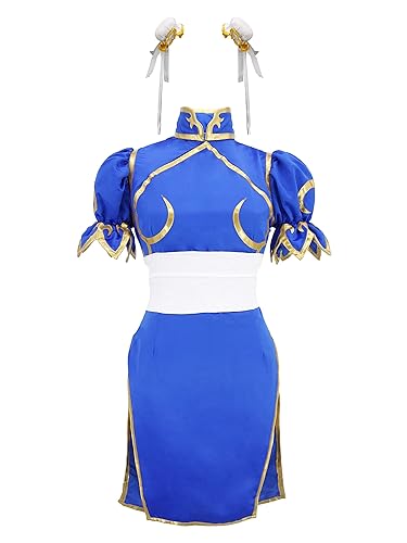DAZCOS Women's US Size Game Fighter Cosplay Costume Blue Cheongsam with Hair Accessories and Waistband Halloween Costume - XX-Large