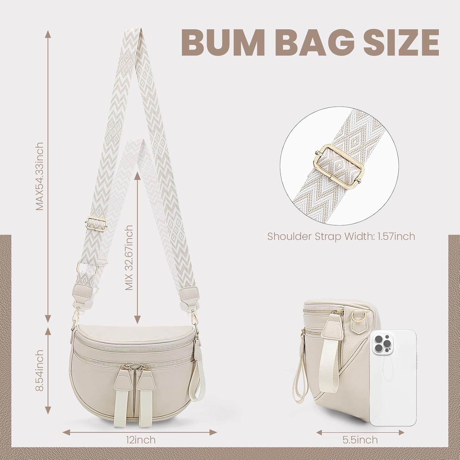 Large Leather Bum Bag for Women Crossbody Fanny Packs Large Sling Bag Purse with 2pcs Adjustable Strap Leather Belt Wallet (White) - Image 4