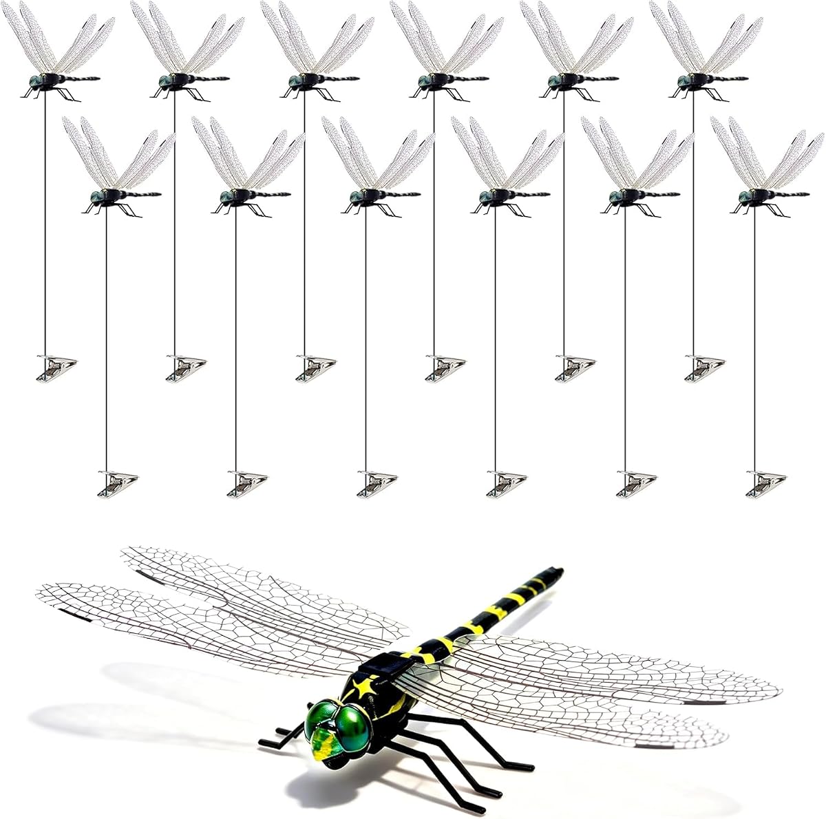 12 Pack 3D Dragonfly Clips, Fake Dragonflies with Stakes, Realistic Plastic Dragonfly Garden Decorations, Fly Deterrent Clips for Hats, Pets, Horses, Deer, Yard, Patio, Indoor & Outdoor Decor
