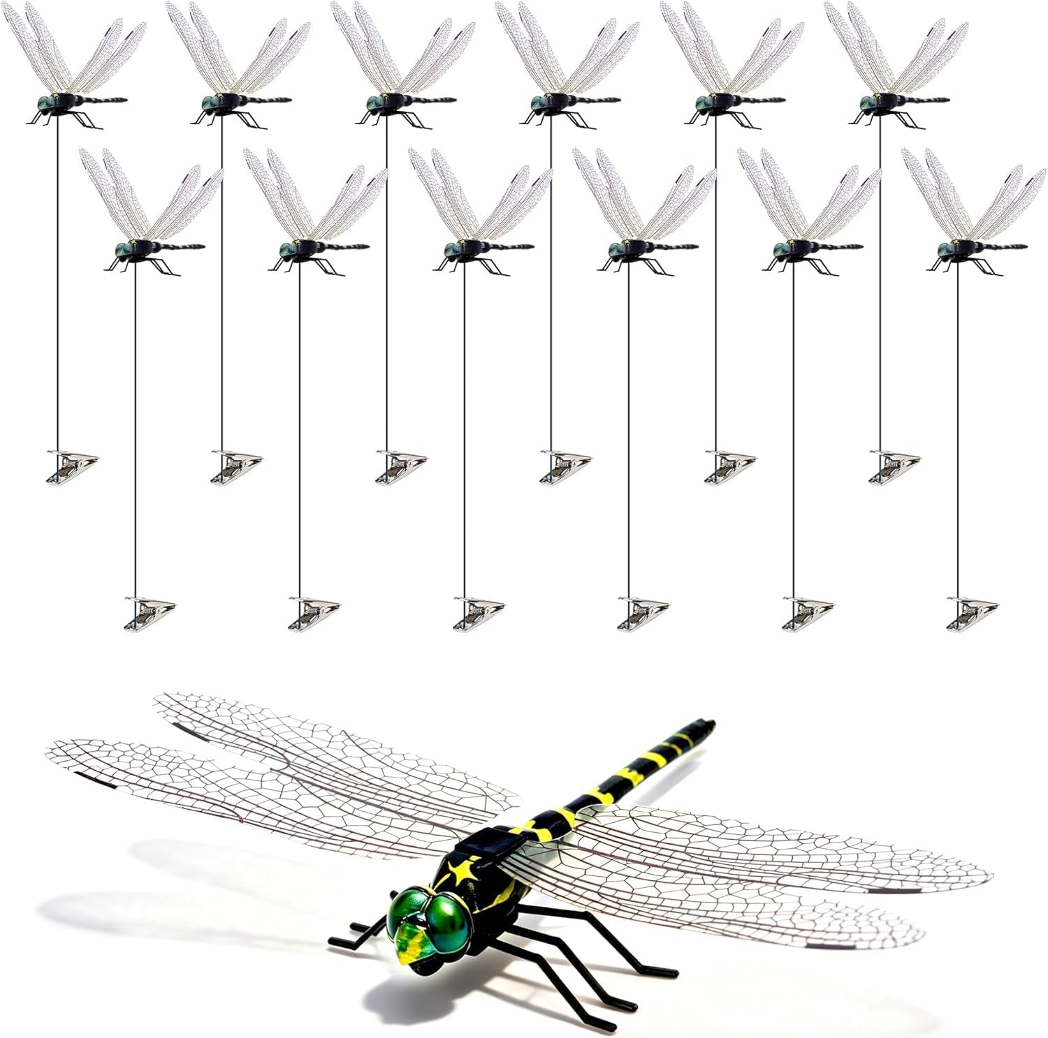 12 Pack 3D Dragonfly Clips, Fake Dragonflies with Stakes, Realistic Plastic Dragonfly Garden Decorations, Fly Deterrent Clips for Hats, Pets, Horses, Deer, Yard, Patio, Indoor & Outdoor Decor