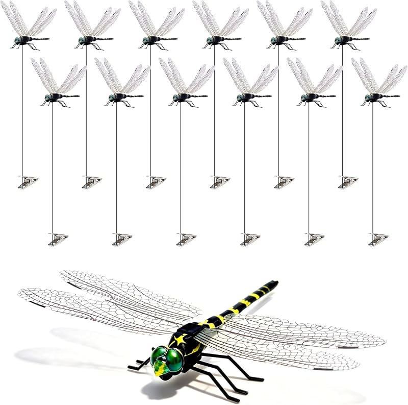 Paquete de 12 clips de libélula 3D, libélulas falsas con estacas, decoraciones de jardín de libélula de plástico realistas, clips disuasorios de moscas para sombreros, mascotas, caballos, ciervos, patio, decoración interior y exterior