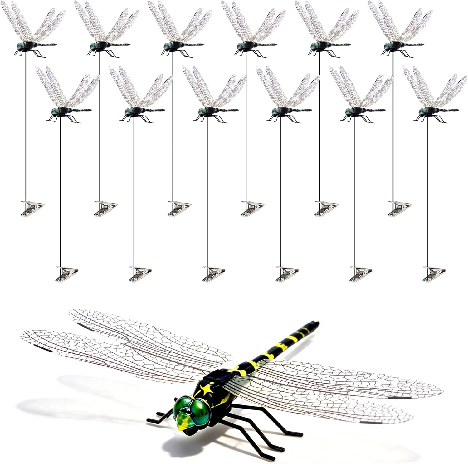 Photo 1 of 12 Pack 3D Dragonfly Clips, Fake Dragonflies with Stakes, Realistic Plastic Dragonfly Garden Decorations, Fly Deterrent Clips for Hats, Pets, Horses, Deer, Yard, Patio, Indoor & Outdoor Decor