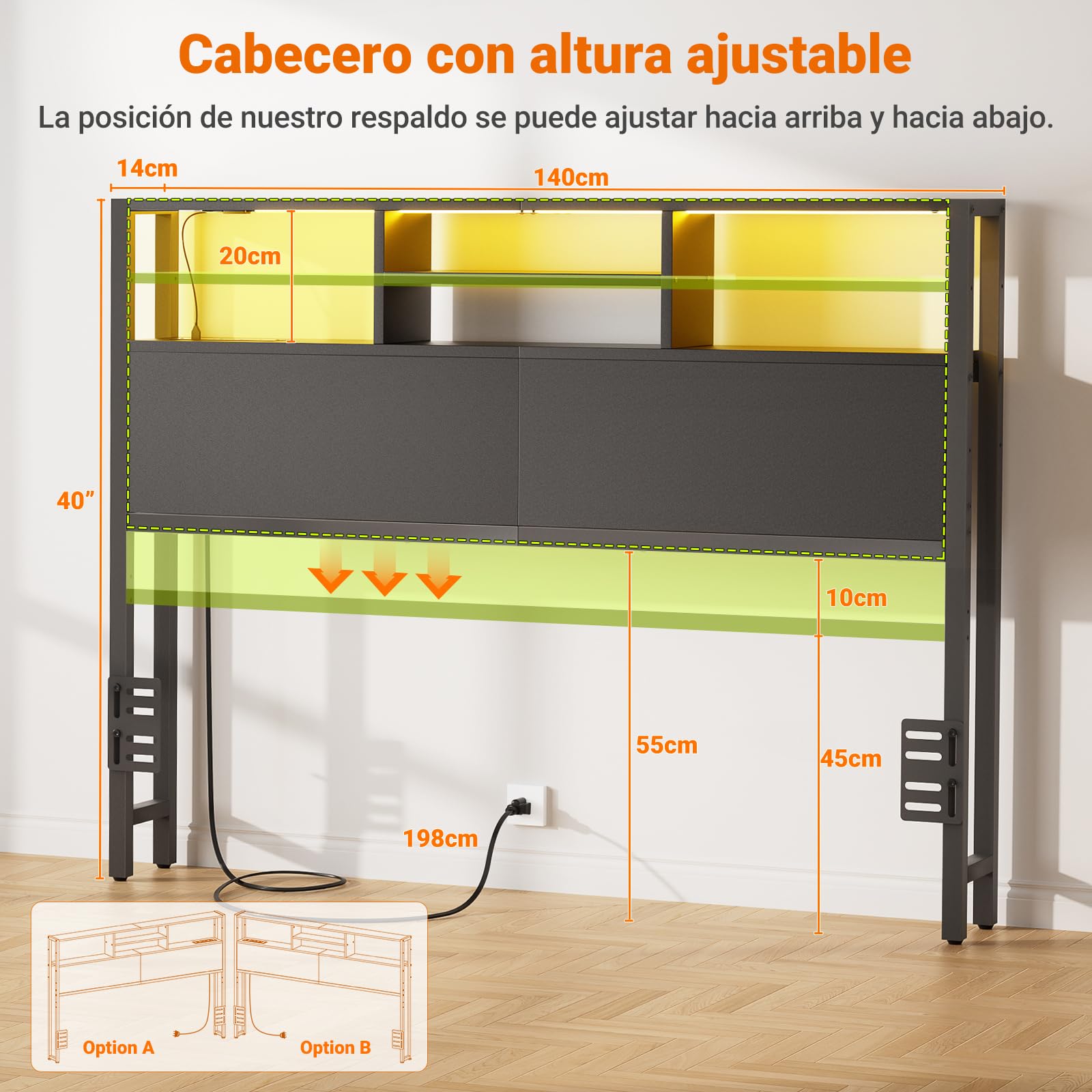 iSunirm Cabecero 140 cm con estantes de Almacenamiento, con enchufes, Puertos USB y Pype C, luz LED, Solo cabecero, Altura Ajustable, Reversible, Resistente y Estable, Negro