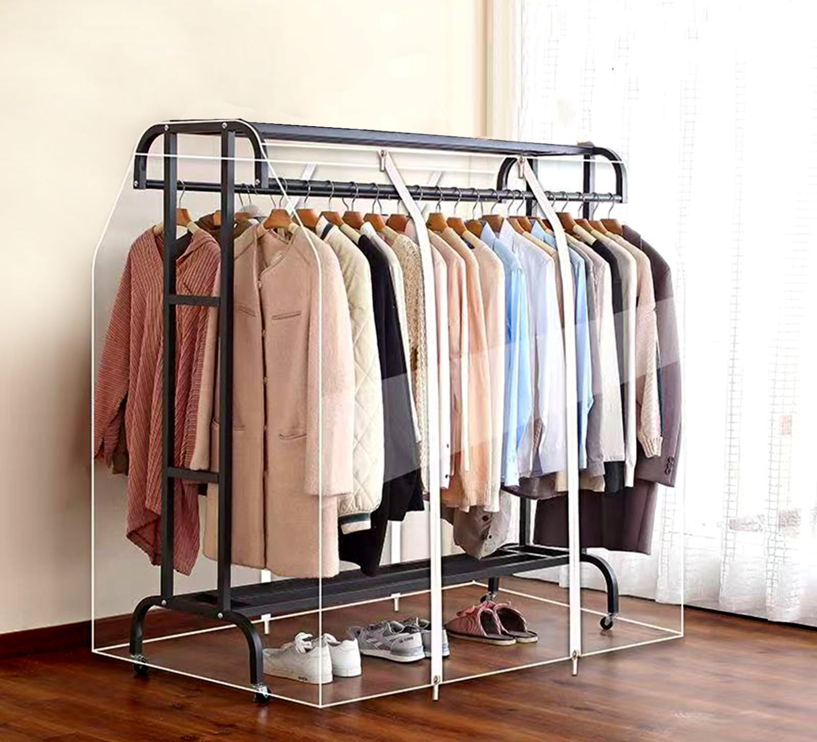 BALAMLB Extra Wide Double Pole Hanger Cover, Transparent, Garment Clothes Dustproof, Moistureproof, Insectproof, 150x95x145cm, Zipper Closure