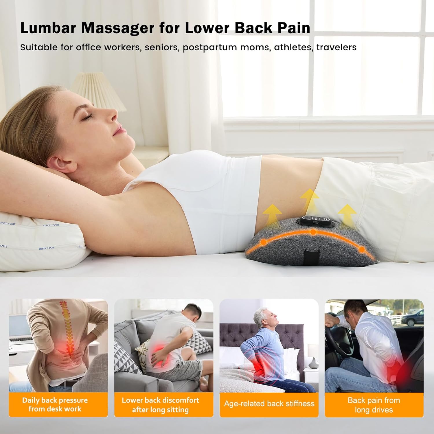 3-in-1 Triple Fusion Back Massager, Electric Lumbar Support Pillow with Smart Air Lift Traction, Heat & Vibration Massage for Lower Back Pain Relief, Back Pain Relief Devices for Home Office Car Bed