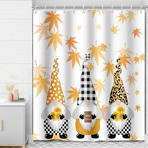 Vista 33 de Yeele Cortinas de ducha de otoño de Acción de Gracias, bonita cortina de ducha de gnomo y calabaza para baño, borde de rejilla blanca y negra