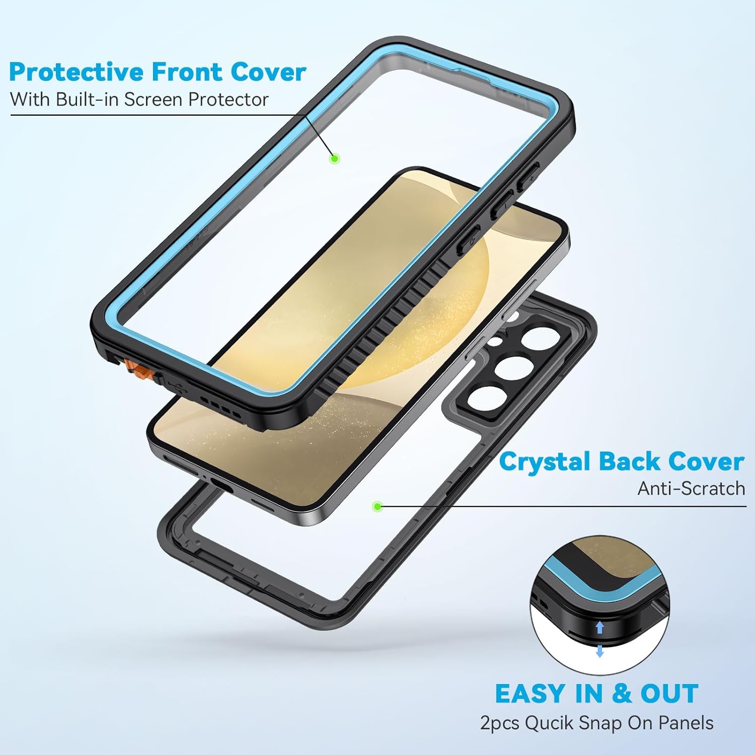 Lanhiem for Samsung Galaxy S24+ Plus Phone Case, IP68 Waterproof Dustproof Case with Built-in Screen Protector, Rugged Full Body Shockproof Protective Cover for Galaxy S24 Plus 6.7 Inch, Light Blue