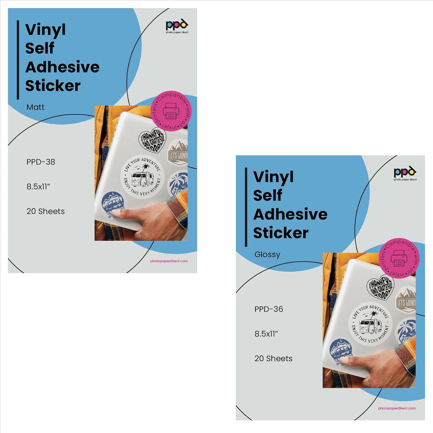 PPD Inkjet Bundle Matte Creative Vinyl Stickers LTR 8.5x11" 4.7mil x 20 Sheets + Glossy Creative Vinyl Stickers LTR 8.5X11" x 20 Sheets