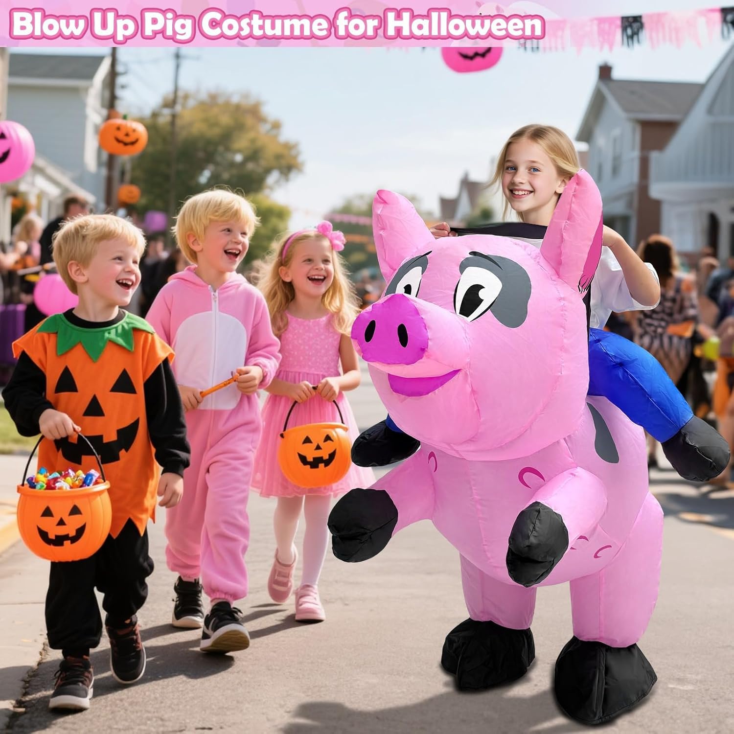 Camlinbo Halloween Inflatable Pig Costume for Kids, Blow Up Costume Ride on Pink Pig Funny Animals Rider Costumes for Girls Boys Halloween Cosplay Party