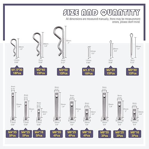 Miniatura 2 de Swpeet Pin de horquilla de acero inoxidable 304 M4 M6 M8 con M1.5 M2 M3 chapado en zinc de acero chapado en zinc y clips de fijación Set de pasador