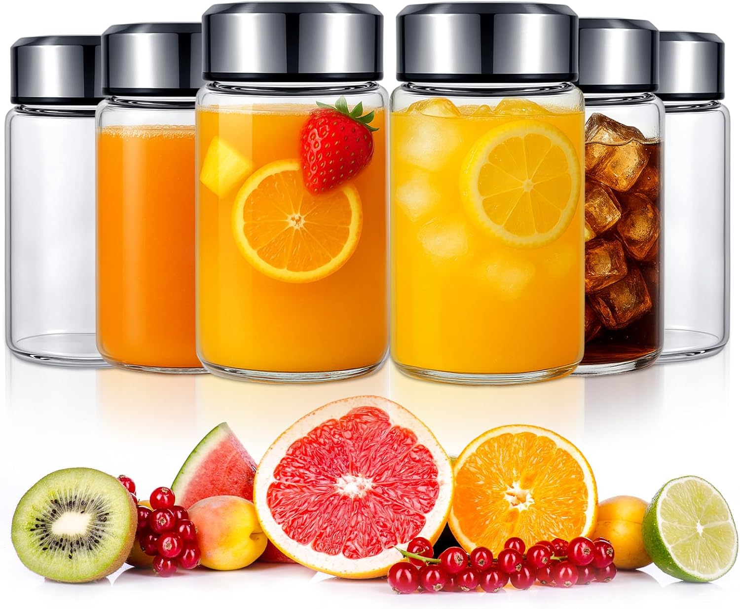 6 Pcs 10 oz（300 ml) Wide Mouth Glass Water Bottles Reusable Glass Bottles with Lids Leakproof Juice Jars with Lids for Fridge Milk Juicing Smoothies Infused Water Beverage Kombucha Tea Drinking Silver
