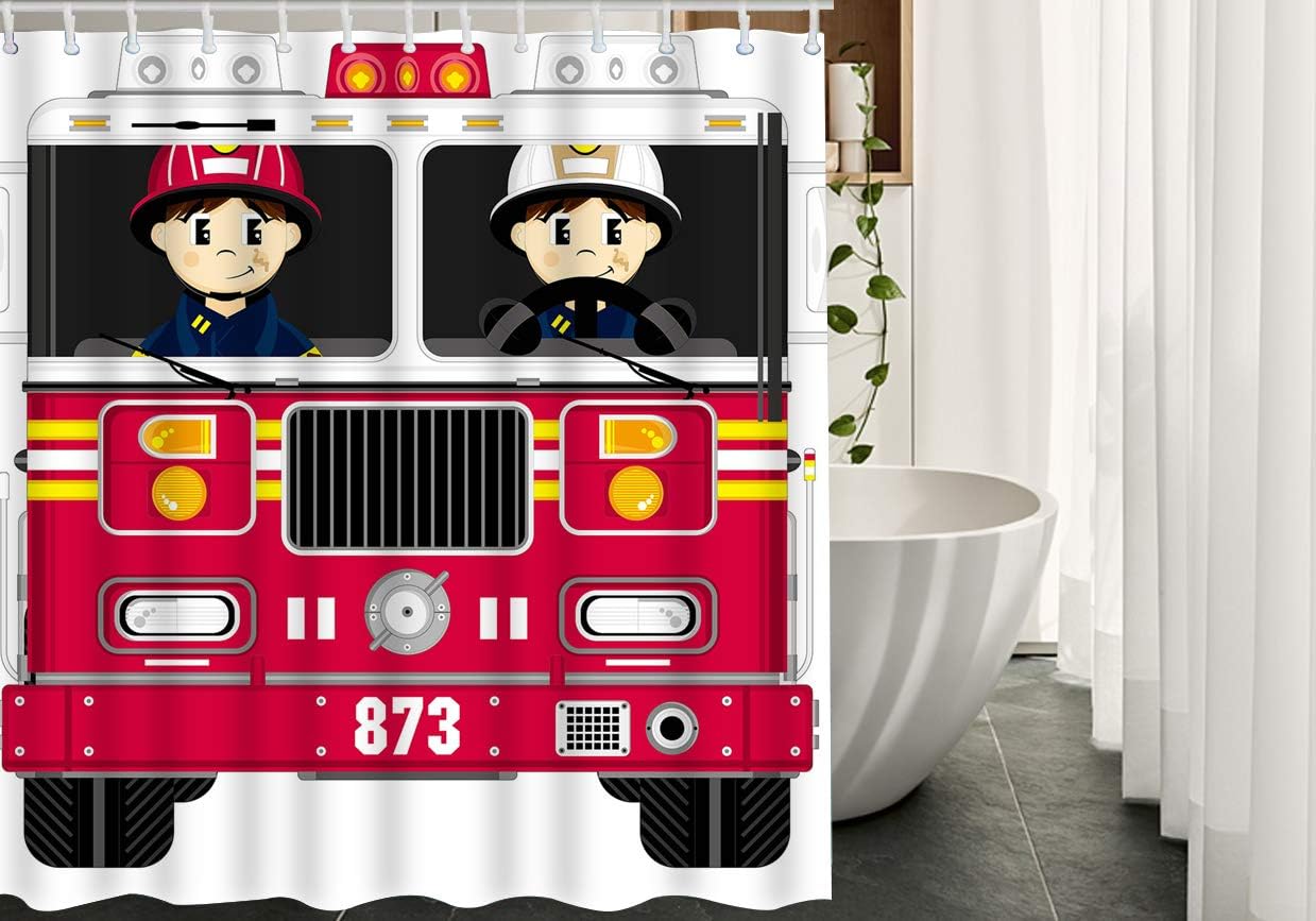 AOYEGO Fireman and Fire Engine Shower Curtain with Hooks Cartoon Firefighter Helmet Fire Red Truck Fabric Shower Curtain Decorative 60x72 Inch Polyester for Bathrooms Bathtubs Farmhouse