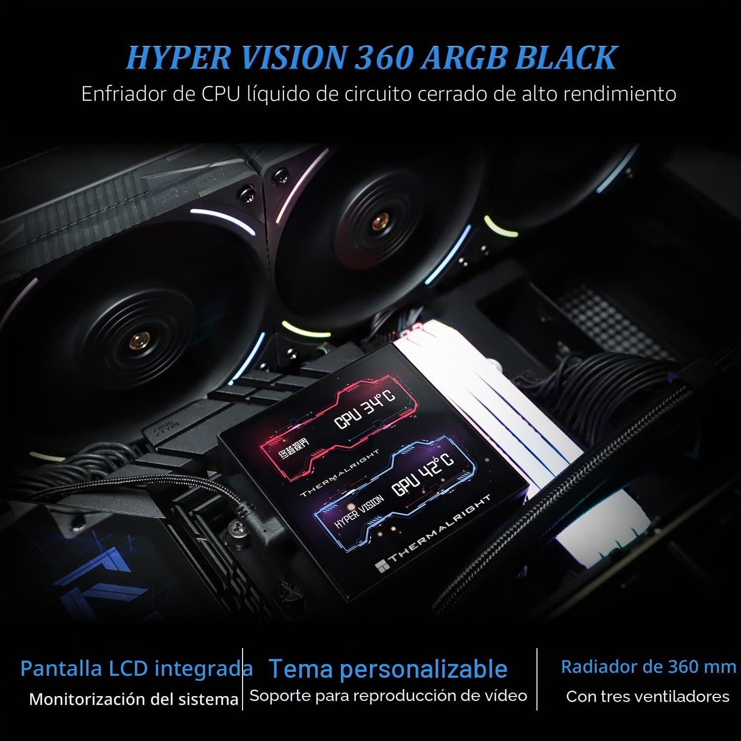 TR Hyper Vision 360 ARGB Enfriador líquido CPU AIO negro, pantalla LCD IPS con resolución 480x480 para AM5/Intel LGA1851/1700 LCD de 3,95 pulgadas que absorbe imanes para imágenes