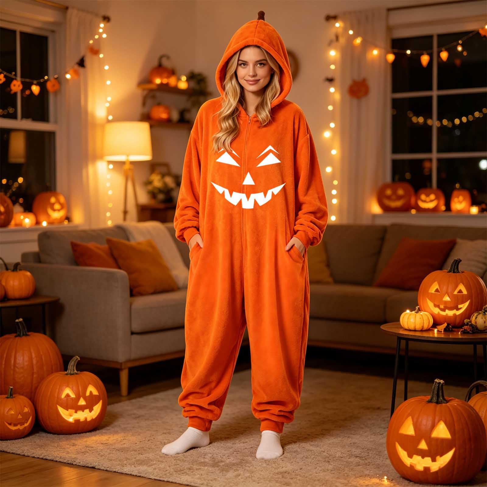 Genérico Pijama Polar Enterizo Halloween Diseño de Calabaza para Corte Amplio Transpirable Capucha Prácticos Bolsillos Laterales Vestimenta Cómoda para Descanso Fiestas de Disfraces