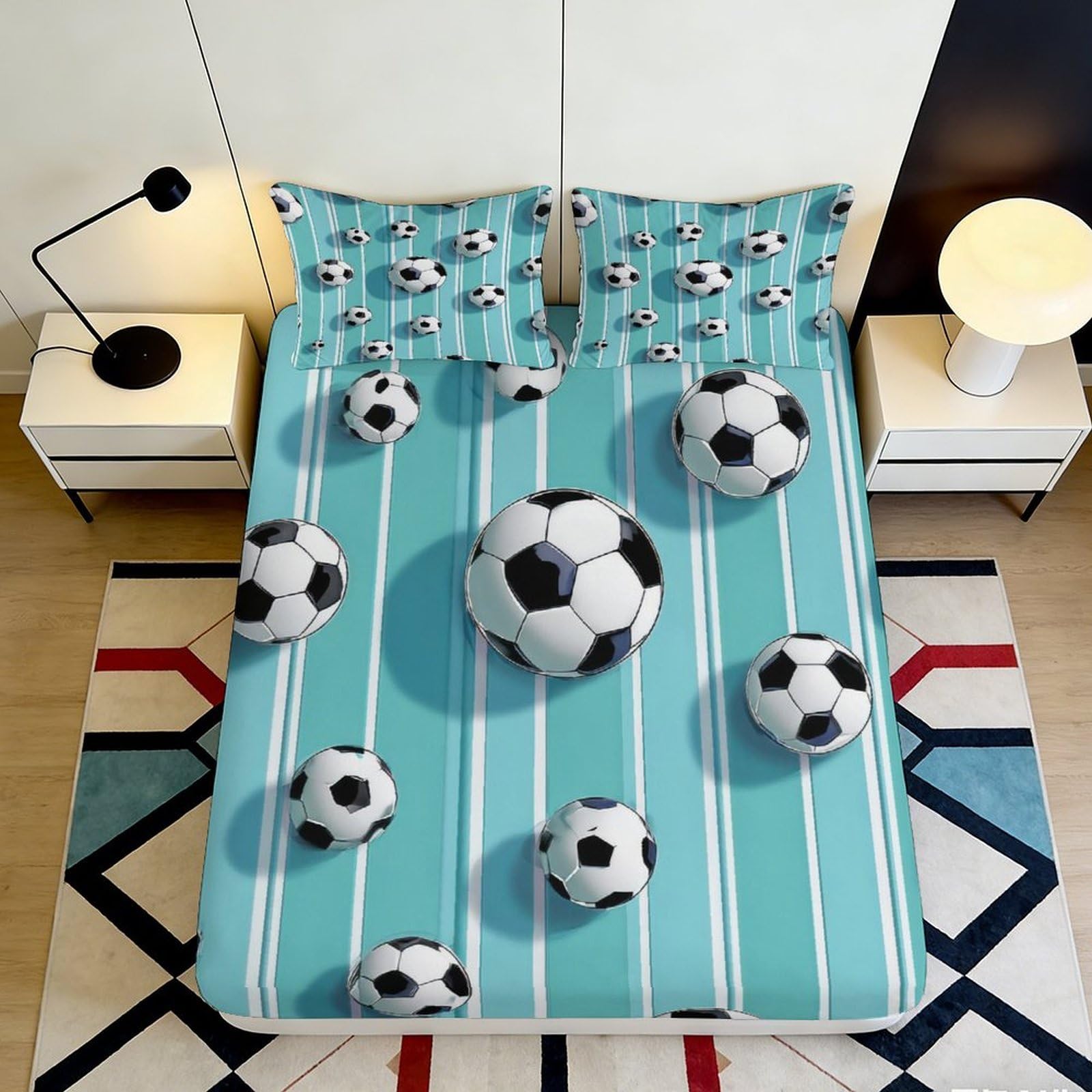 3D Printed Soccer Ball Fitted Sheet Microfiber Blue Stripe Bed Cover for Bedroom Guest Room Mattress Protection 90x200x25cm