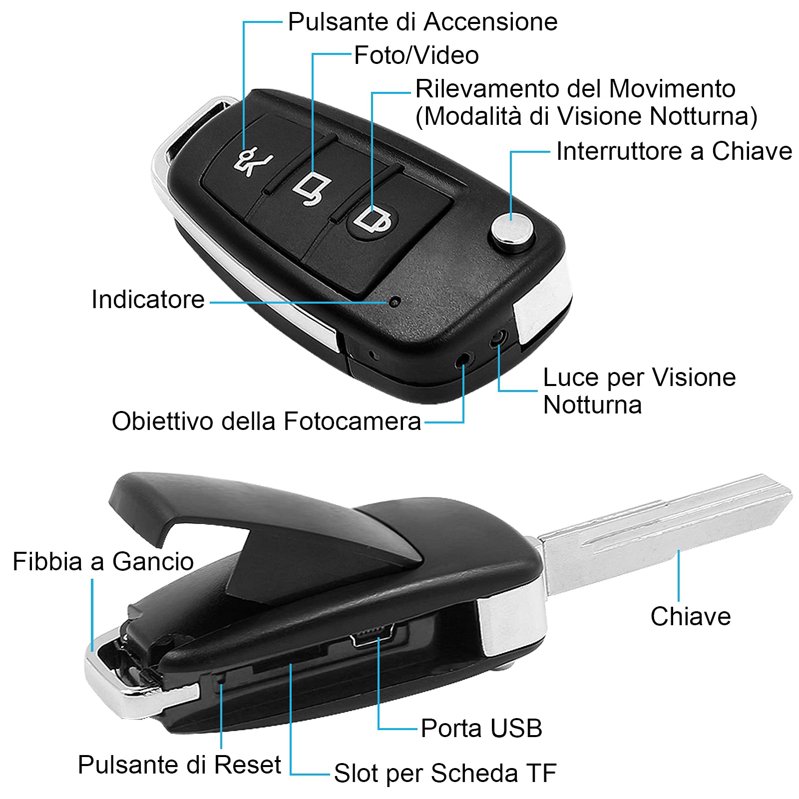 Mini Telecamera Spia, Telecamera Nascosta Chiave Auto, Spy Cam 1080P HD | Microcamera Spia, Videocamera Sorveglianza con Rilevamento del Movimento, Visione Notturna per Auto Casa Bambini
