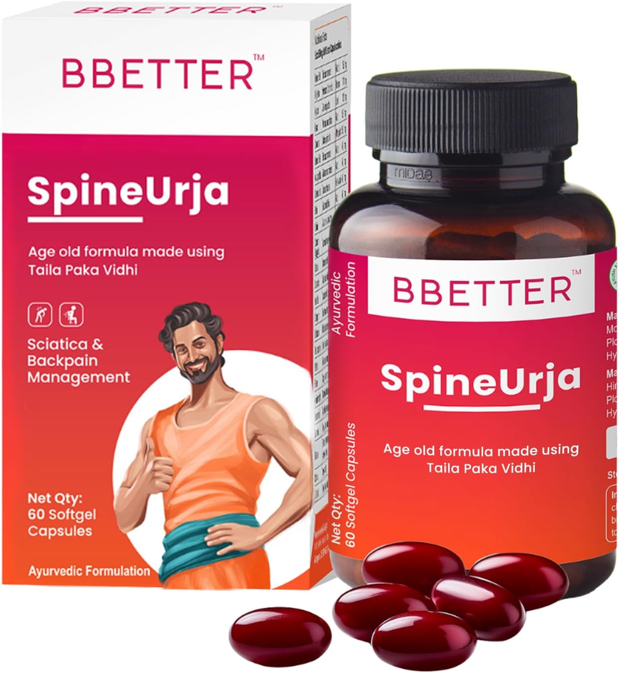 BBETTER SpineUrja - Ayurvedic Lower Back Pain Relief & Sciatica Relief | Made by Taila Paka Vidhi method | 60 softgels for lower back pain & Sciatica relief