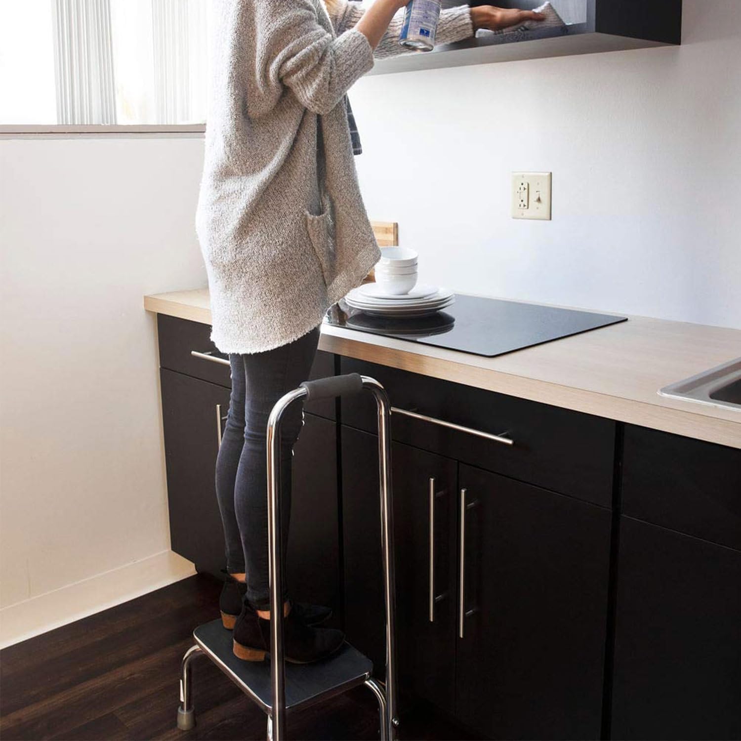 DMI Step Stool with Handle and Non Skid Rubber Platform, Lightweight and Sturdy Stool for Seniors, Adults and Children, Holds up to 300 Pounds with 9.5 Inch Step Up, 17.3"D x 12.3"W x 34"H, Chrome