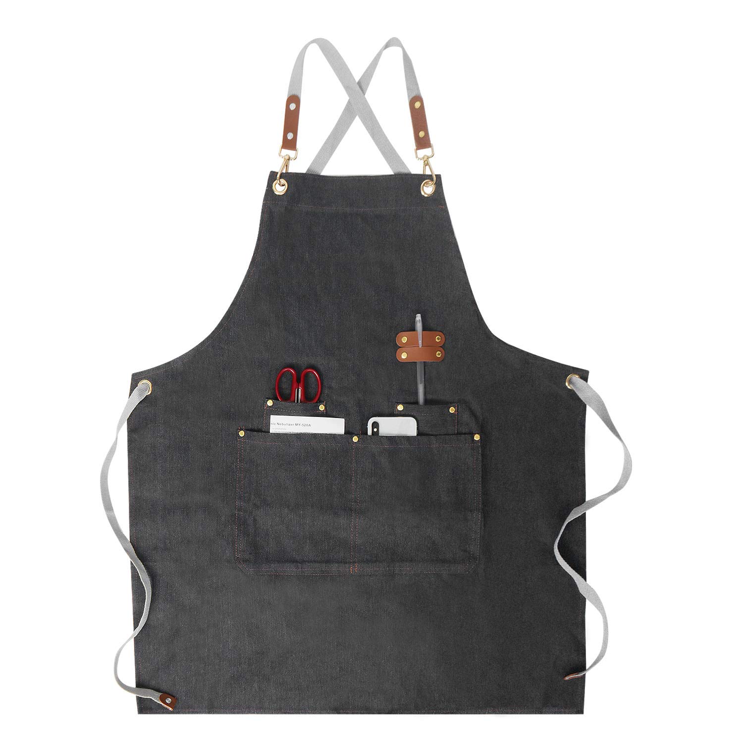 MignongirlChef apron Denim Cross Back Apron with Pockets x4 Adjustable Straps and Ties, M-XXL