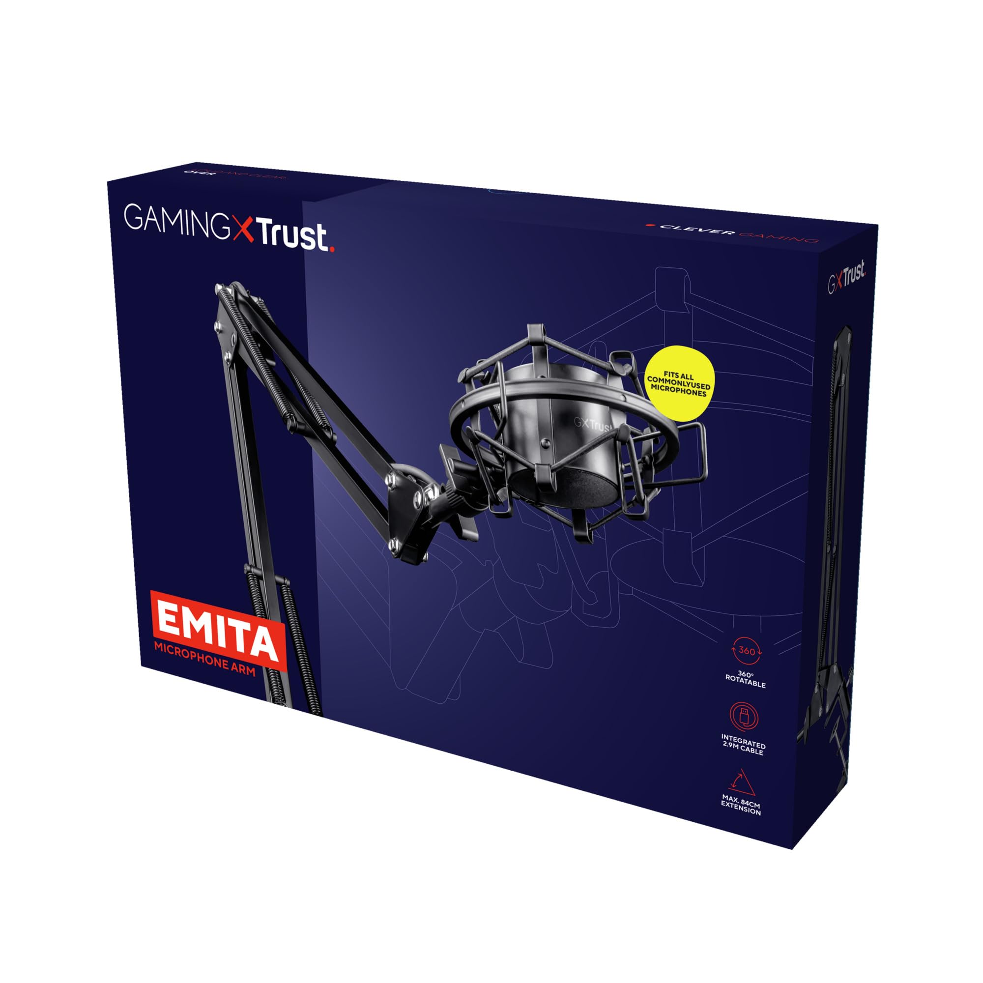 GXTrust Emita Mikrofon Arm, Mikrofonständer mit Integriertes 290 cm Kabel | Einstellbarer Tischarm, Mic Stand, Elastische Halterung, Mikrofonarm für alle Gängigen Mikrofone, Schwarz