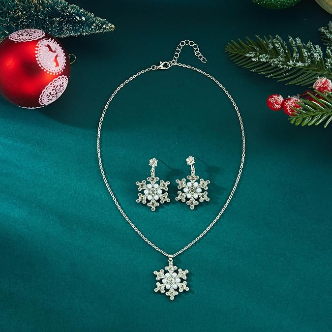 Sparkling Snowflake Necklace Earring Set for Women Christmas Snowflake Winter Dangle Earrings Colorful Zircon Pearl Snowflakes Multiple Pendant Necklace Christmas Jewelry Gifts