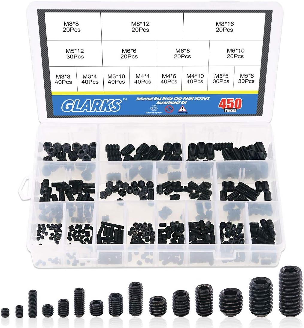 Glarks 450Pcs M3/M4/M5/M6/M8 Allen Head Socket Set Screw, 12.9 Class Black Alloy Steel Internal Hex Drive Grub Screw Assortment Kit