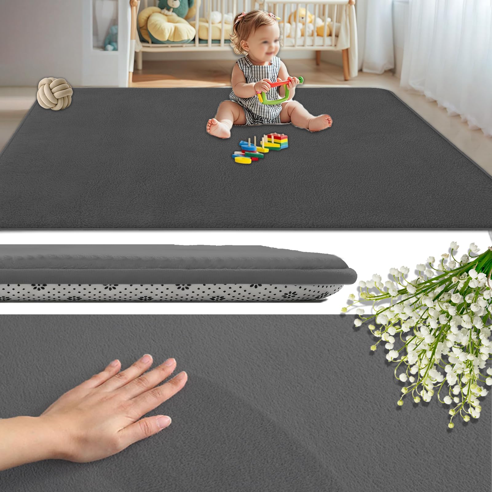 Coral Velvet Baby Play Mat 2CM Thick, Non-Slip Backing Playmat for Floor Playroom Bedroom Yoga Mat 190 x 220 cm Large Memory Foam Area Rugs for Crawling Soft Play Tummy Time Activity Dark Grey