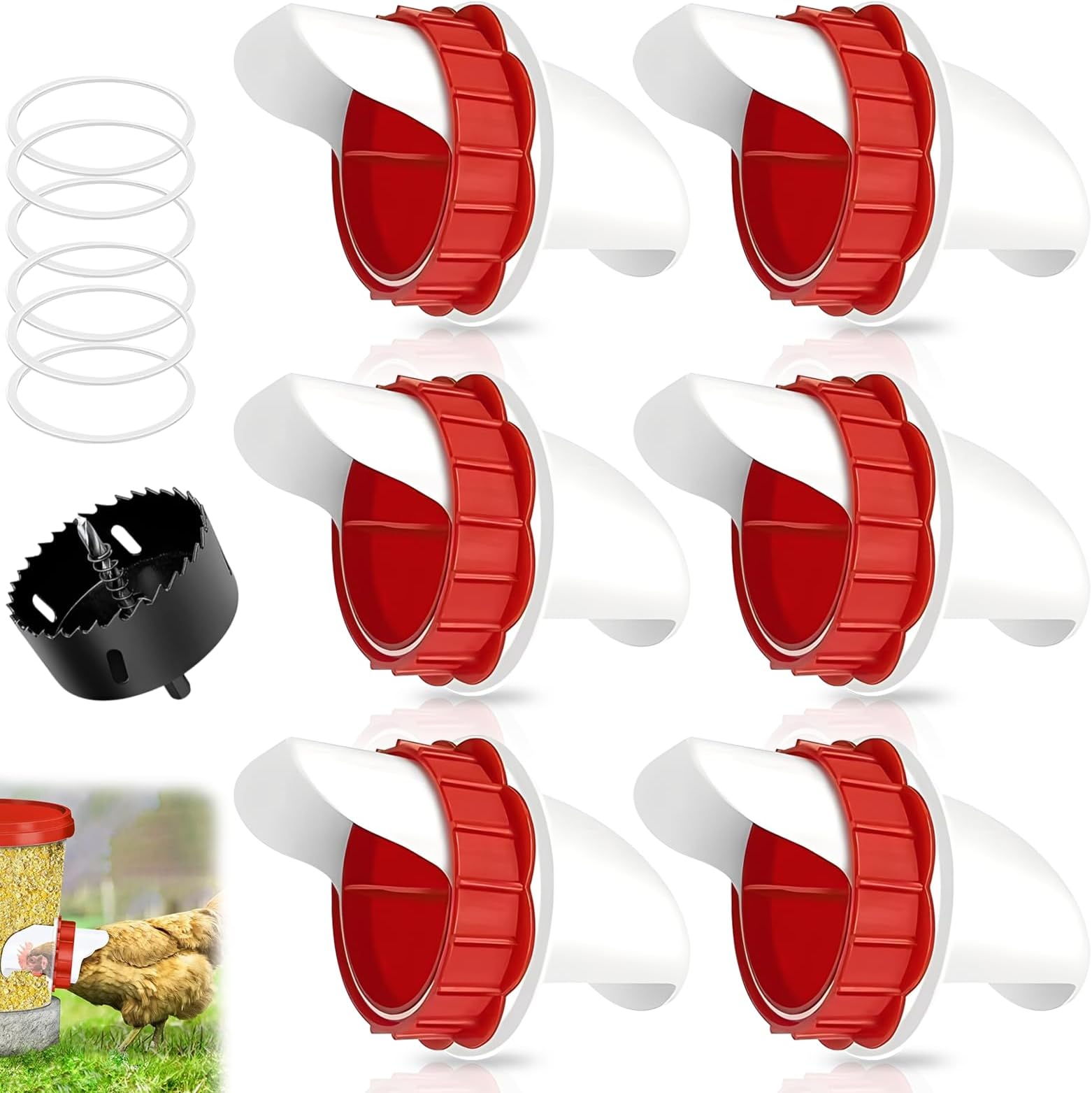 6 PCS DIY Chicken Feeder, Automatic Chicken Feeder with 1 Hole Saw No Waste Poultry Feeding System Gravity Safe Plastic Set Bins Troughs for Buckets Bins Barrels Troughs