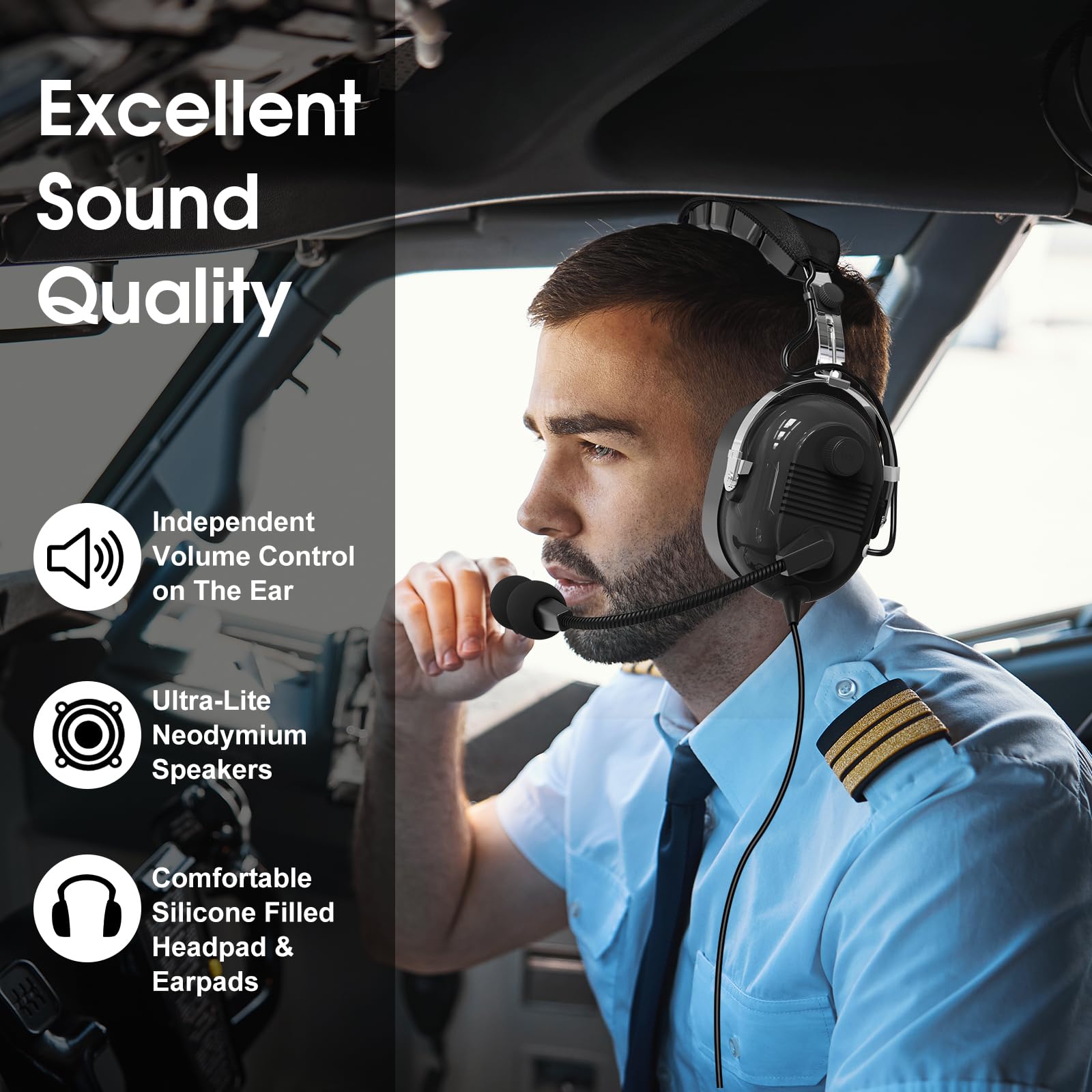 General Aviation Headset GA Dual Plugs Auriculares Piloto Pasiva Cancelación de Ruido con Micrófono Mono y Estéreo Reducción 24dB Boom Micrófono Protección Auditiva Gel Ear Seals Auriculares