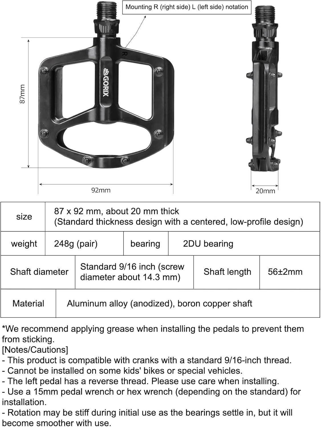 GORIX Bicycle Flat Pedals Aluminum Lightweight Durable Road Mountain Bikes (GX-MA715)