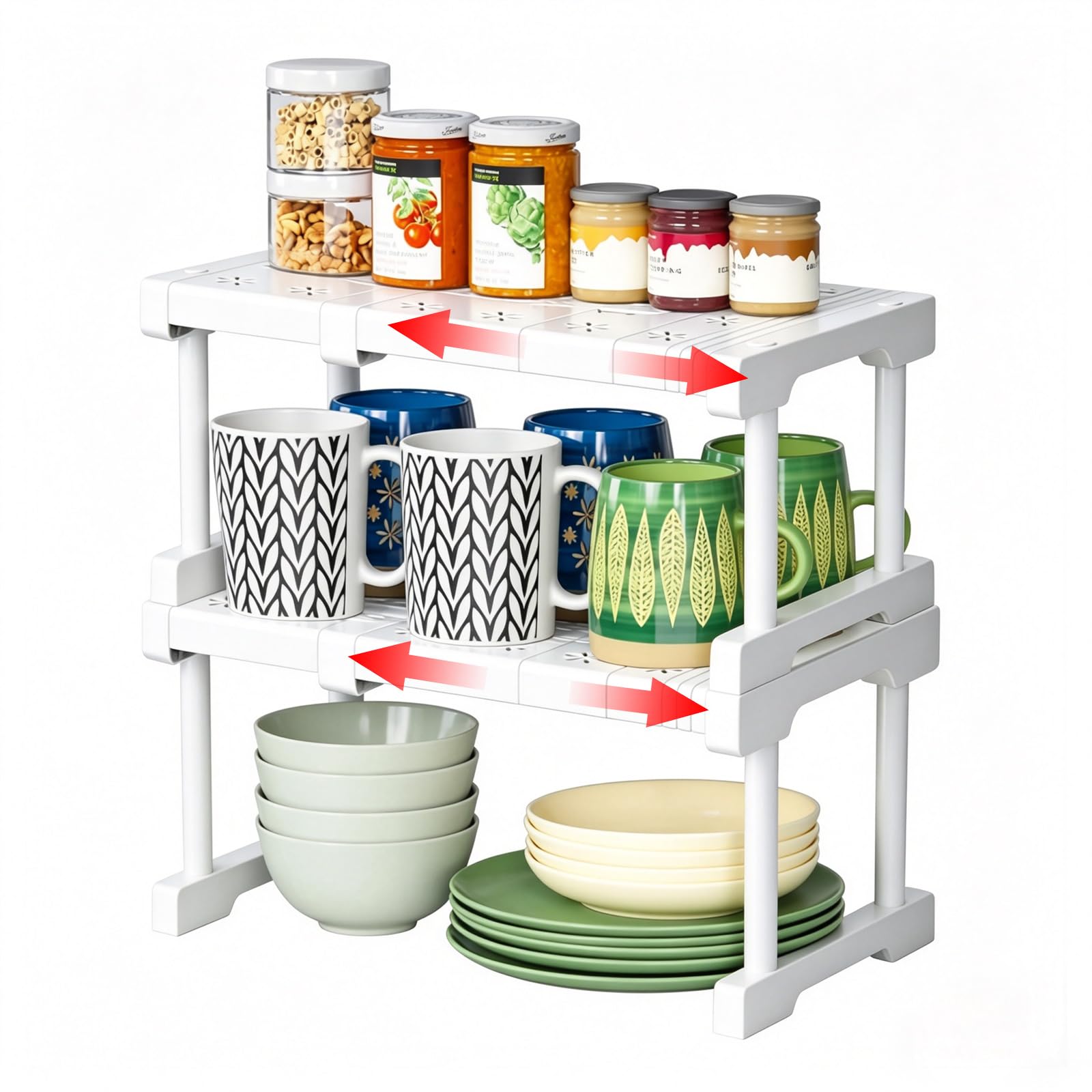 Luckezo 2 Pack Expandable Cupboard Shelf Organiser, Heavy Duty Carbon Steel & ABS Kitchen Storage Rack, Adjustable Spice Rack for Cabinet, Pantry, Fridge & Cupboard, Space Saving (White)