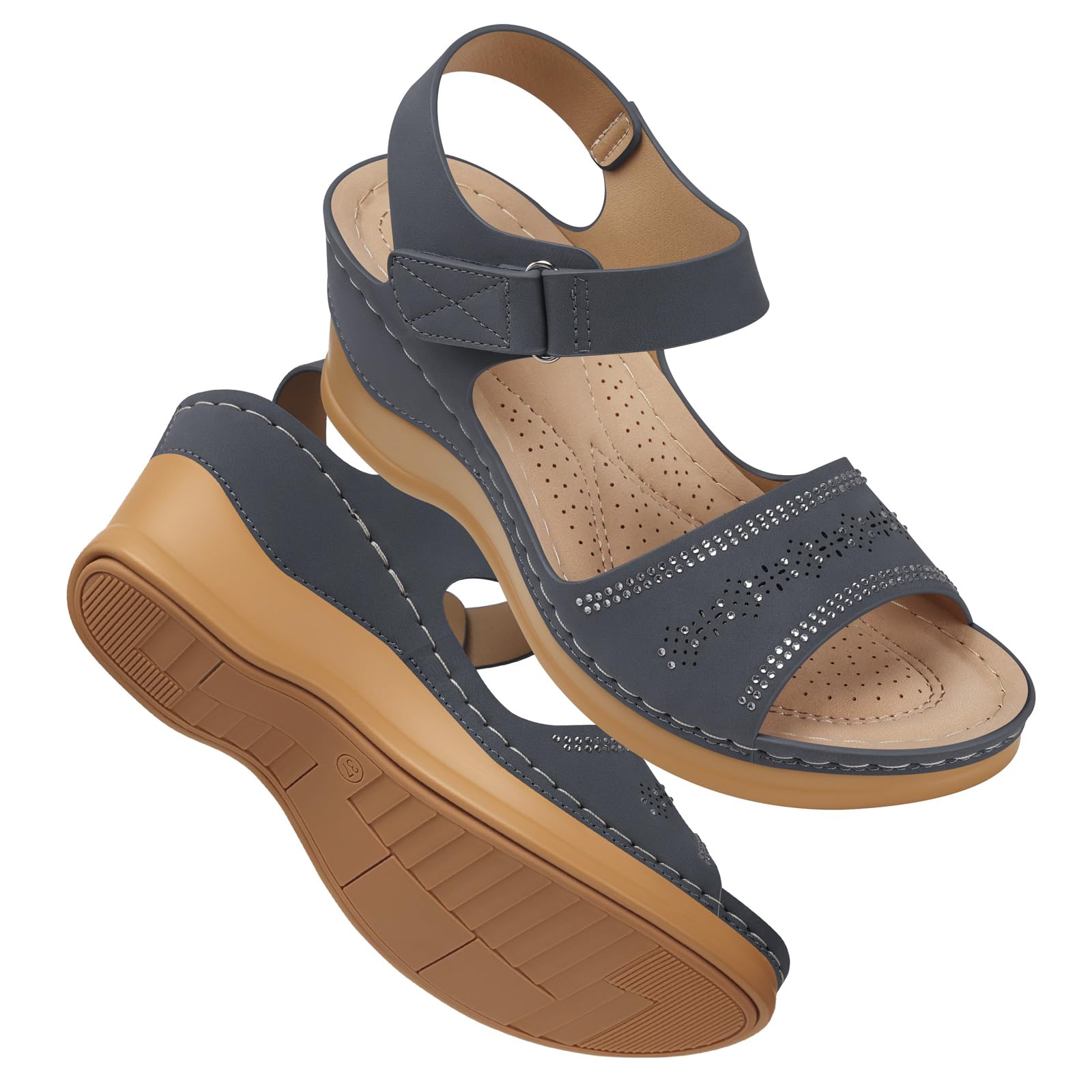 SHIBEVER Wedge Sandals For Women Low: Dressy Summer Sandal - Comfortable Rhinestone Sandals