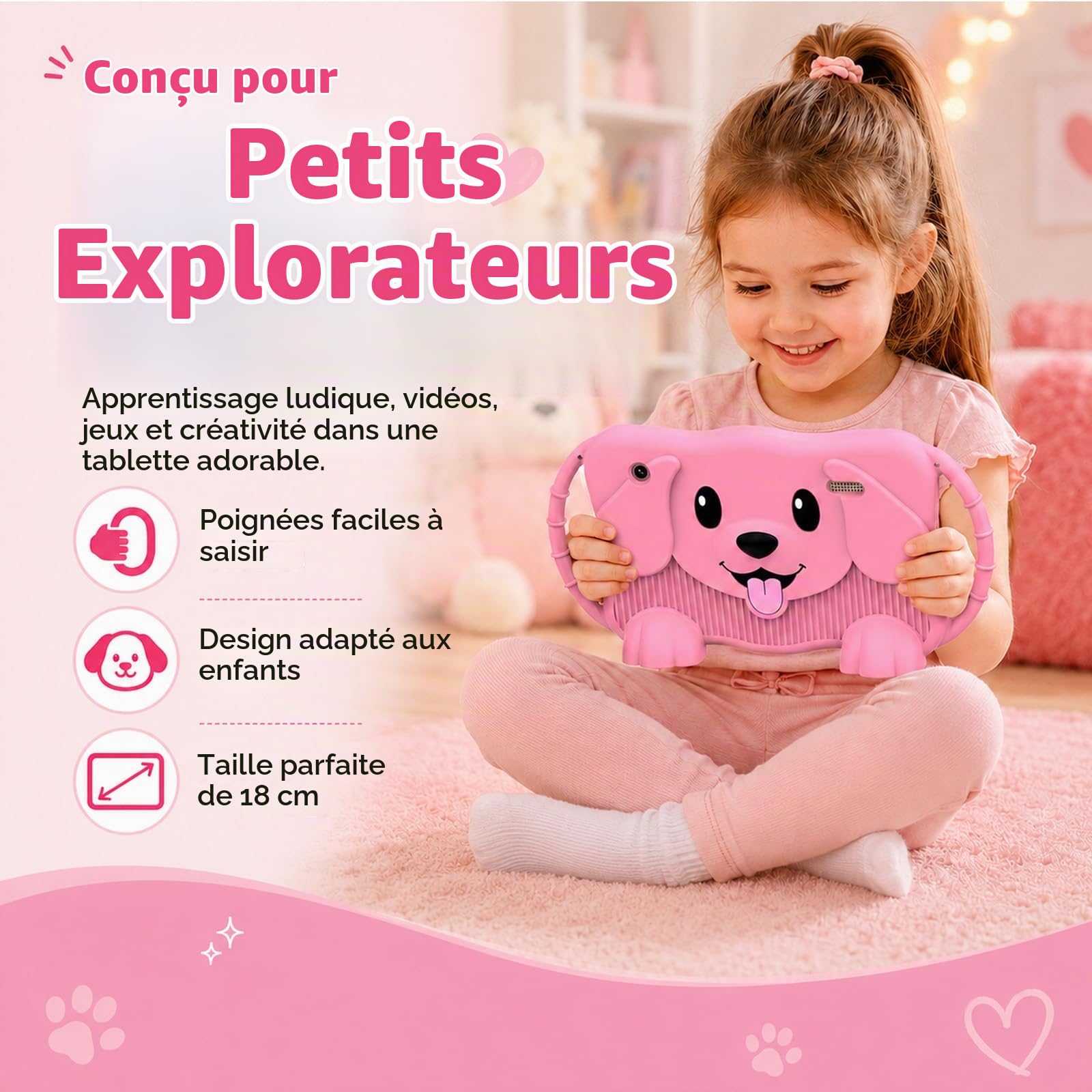 Tablette pour Enfant 7 Pouces Tablette Enfants avec WiFi 32GB Tablet Tactile Enfant Étui Antichoc Contrôle Parental Double Caméra (Rose)