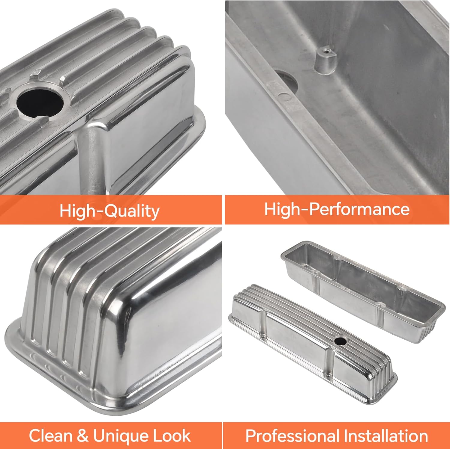 Aluminum Valve Covers Finned Compatible with Small Block Chevy 58-86 Tall 327 350 400 - Polished Silver