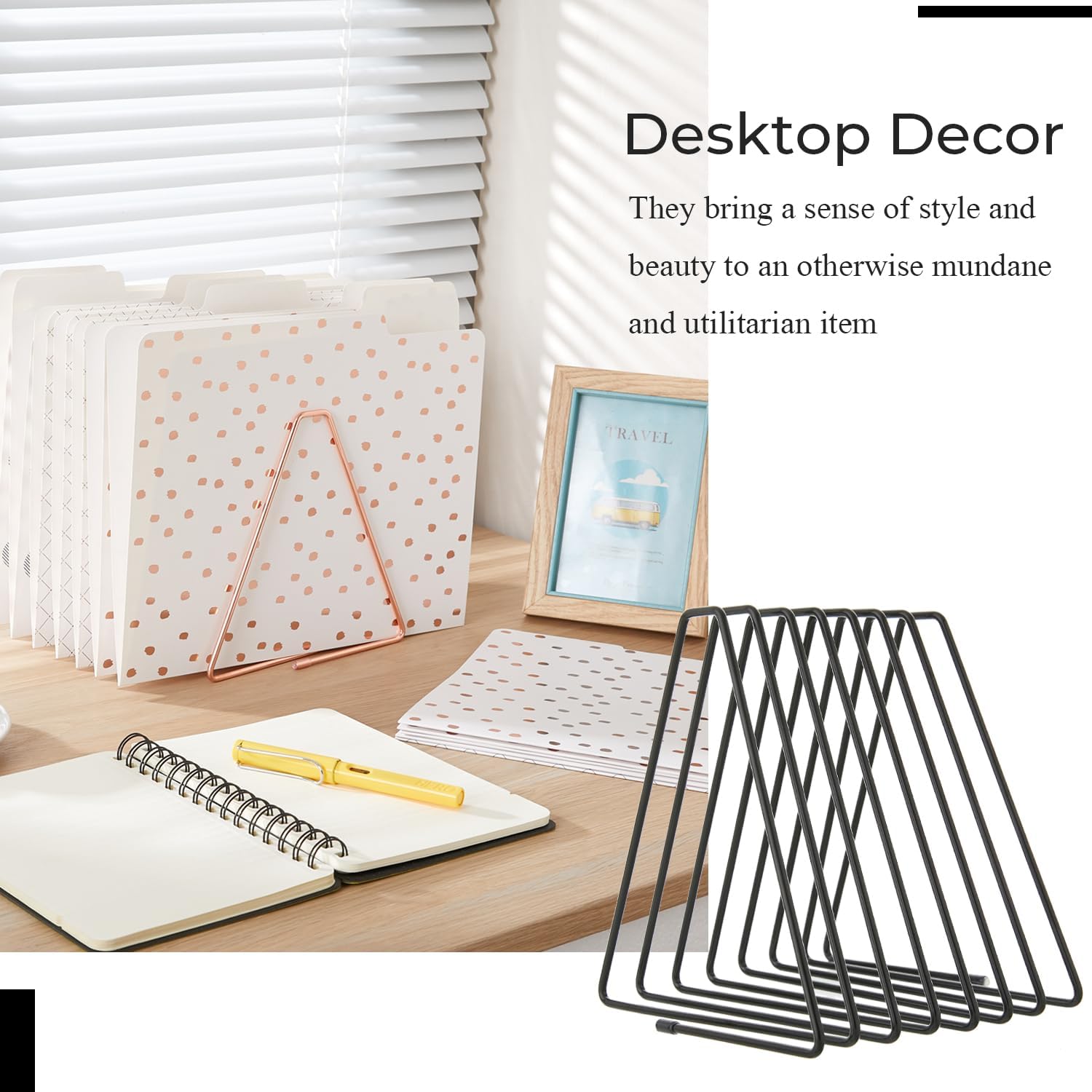Y YOMA 1 Pack Black File Folder Racks Triangle Magazine Holder Metal File Organizer for Desk Decorative File Sorter Display Rack for Office Home, 7 Compartments image 2