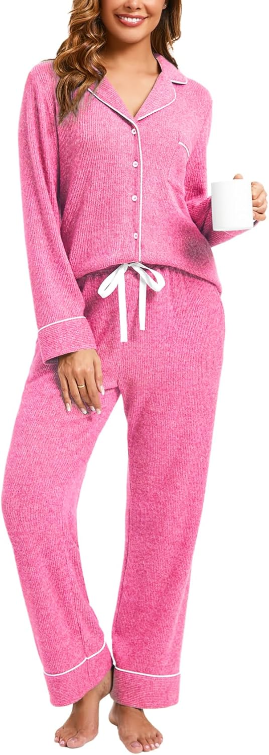 Women's Pajama Sets Long Sleeve Button Down Soft Knit Sleepwear Pjs 2 Piece Lounge Set