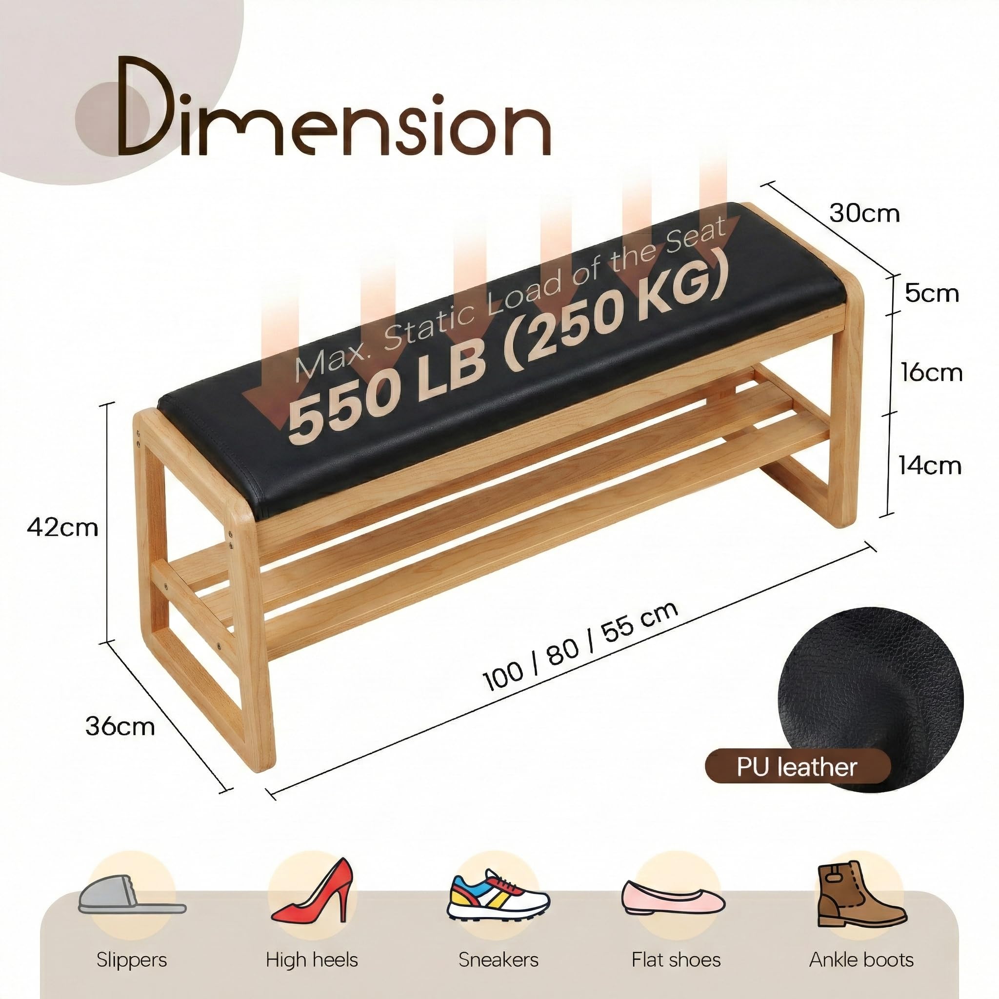 Schuhbank mit Stauraum, 2-stöckiges Schuhregal für Eingangsbereich und Flur, modernes Eichen-Design mit PU-Lederkissen, zum Organisieren von Schuhen