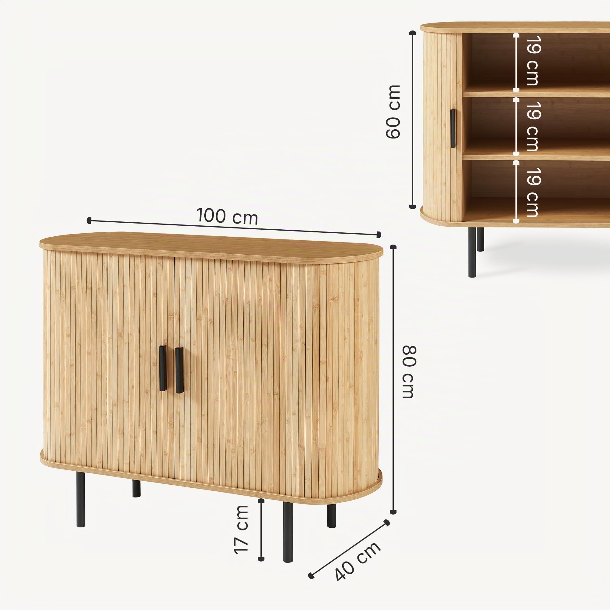 [en.casa] Zapatero Tvedestrand Armario Auxiliar 3 Compartimentos Cerrados Organizador de Zapatos Almacenaje de Calzados Aparador Armario para Cocina Baño Bambú 100 x 40 x 80 cm - Natural