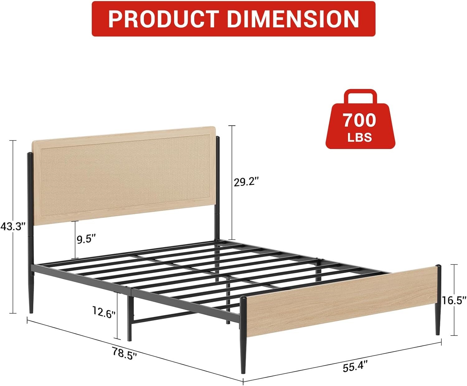 GAOMON Queen Size Bed Frame with Natural Rattan Headboard & Solid Wood Footboard - Under Bed Storage Space, Quiet Noise-Free Design, No Box Spring Needed,Oak