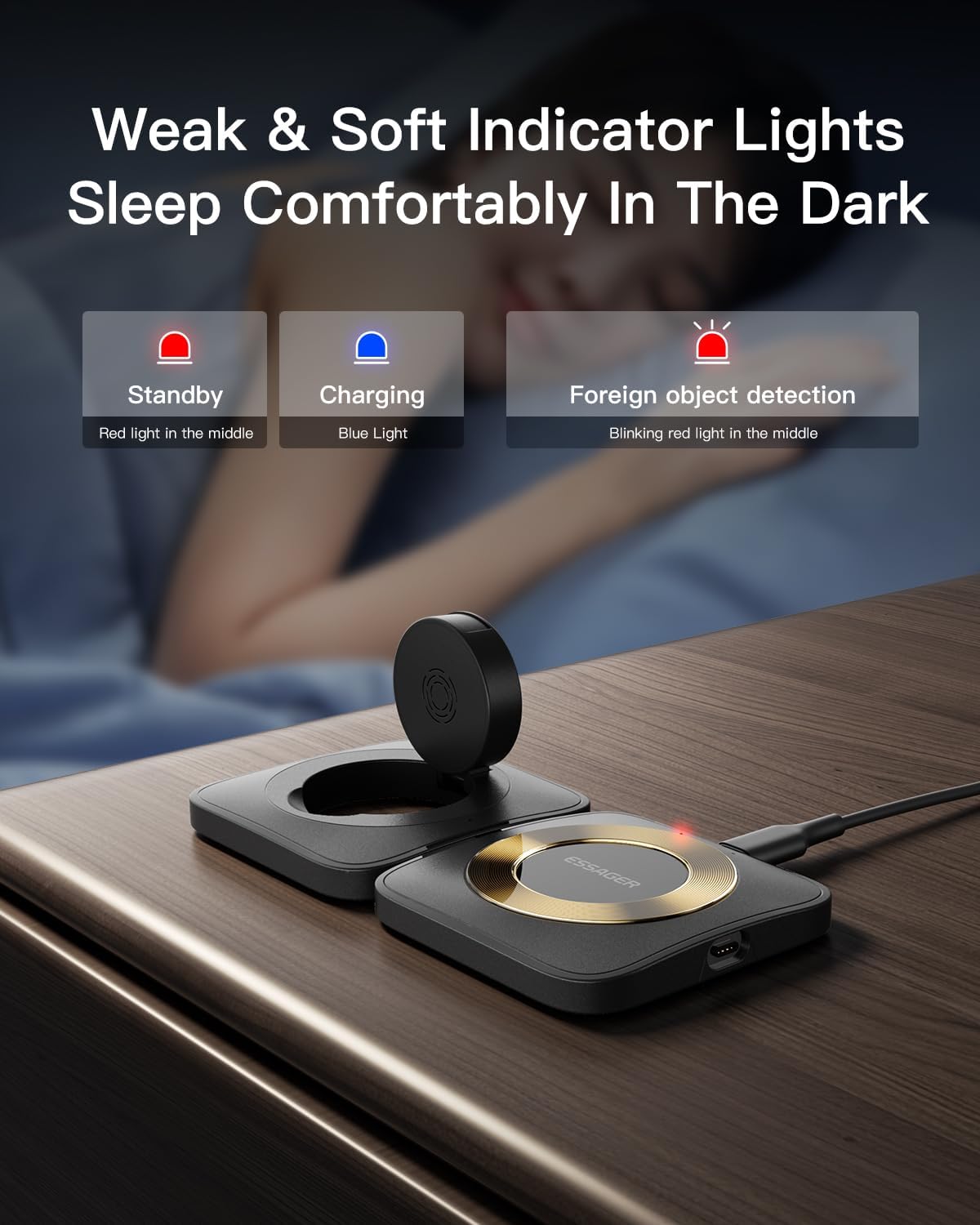 ESSAGER 2-in-1 Magnetic Detachable Wireless Charging Station showing indicator lights.