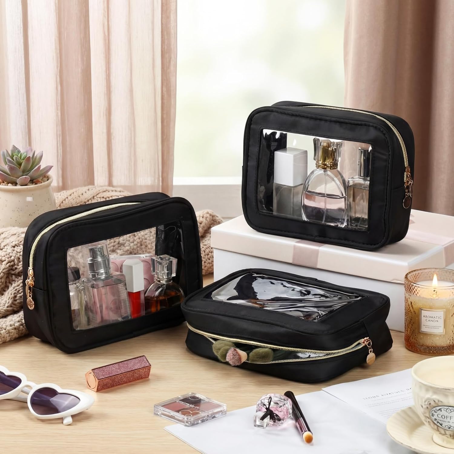 Abbylike 6 Pcs Clear Makeup Bags Mother's Day Travel Nylon Clear Nude Black Toiletry Bag Bulk Car Organizer Case Waterproof Toiletry Pouch with Golden Zipper for Teacher Mother Women Wedding Gift
