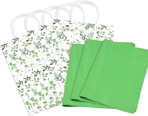 Miniatura 4 de Paquete de 16 bolsas de regalo de papel de hojas verdes con asas, bolsas de regalo de acuarela para baby shower, despedida de soltera, boda,