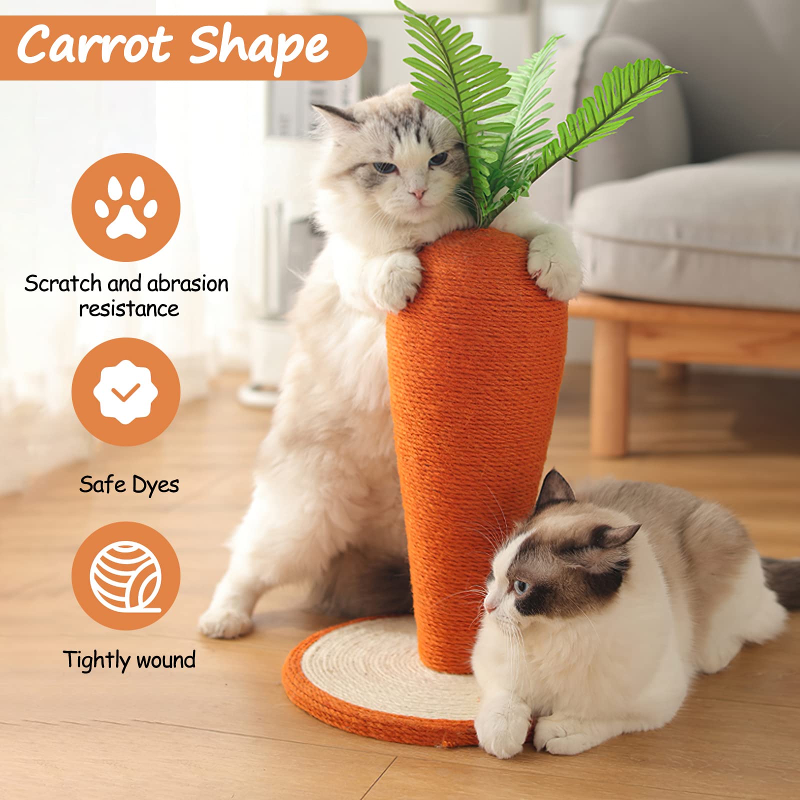 Galatée Griffoir pour Chat en Sisal - Poteau à Gratter Drôle pour Chats d'Intérieur avec Corde Naturelle (Carotte-2, M)