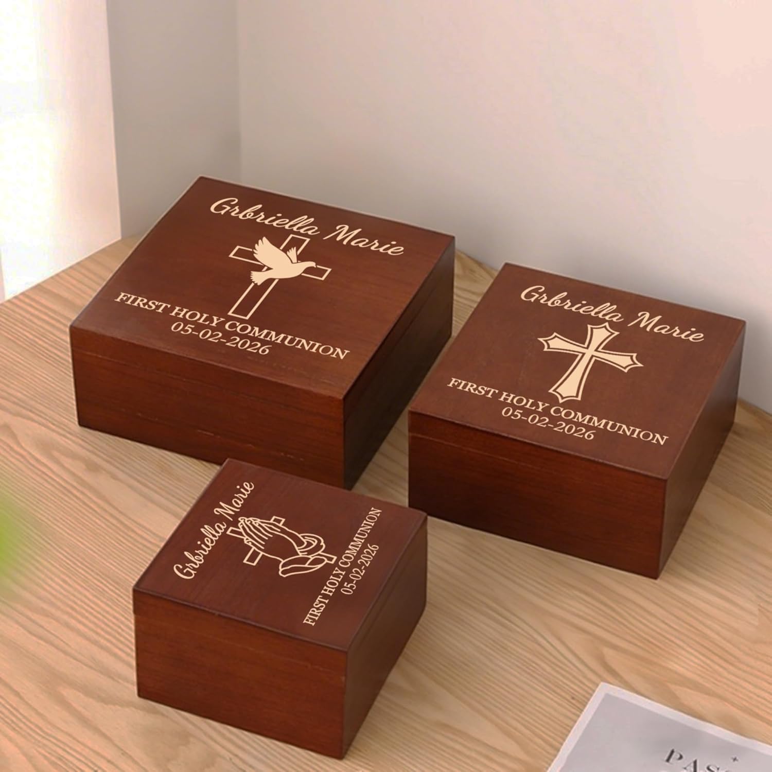 First Communion Gifts Personalized Memory Keepsake Box for Boys and Girls - 1st Holy Communion Gift Box for Jewelry, Mementos, Treasures - Custom Name & Date, Wooden Cross Keepsakes Storage Box