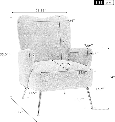 Miniatura 2 de Sillón moderno, sillón decorativo con botones, sillón reclinable con botones, silla de sala de estar con marco de madera, soporte de metal,