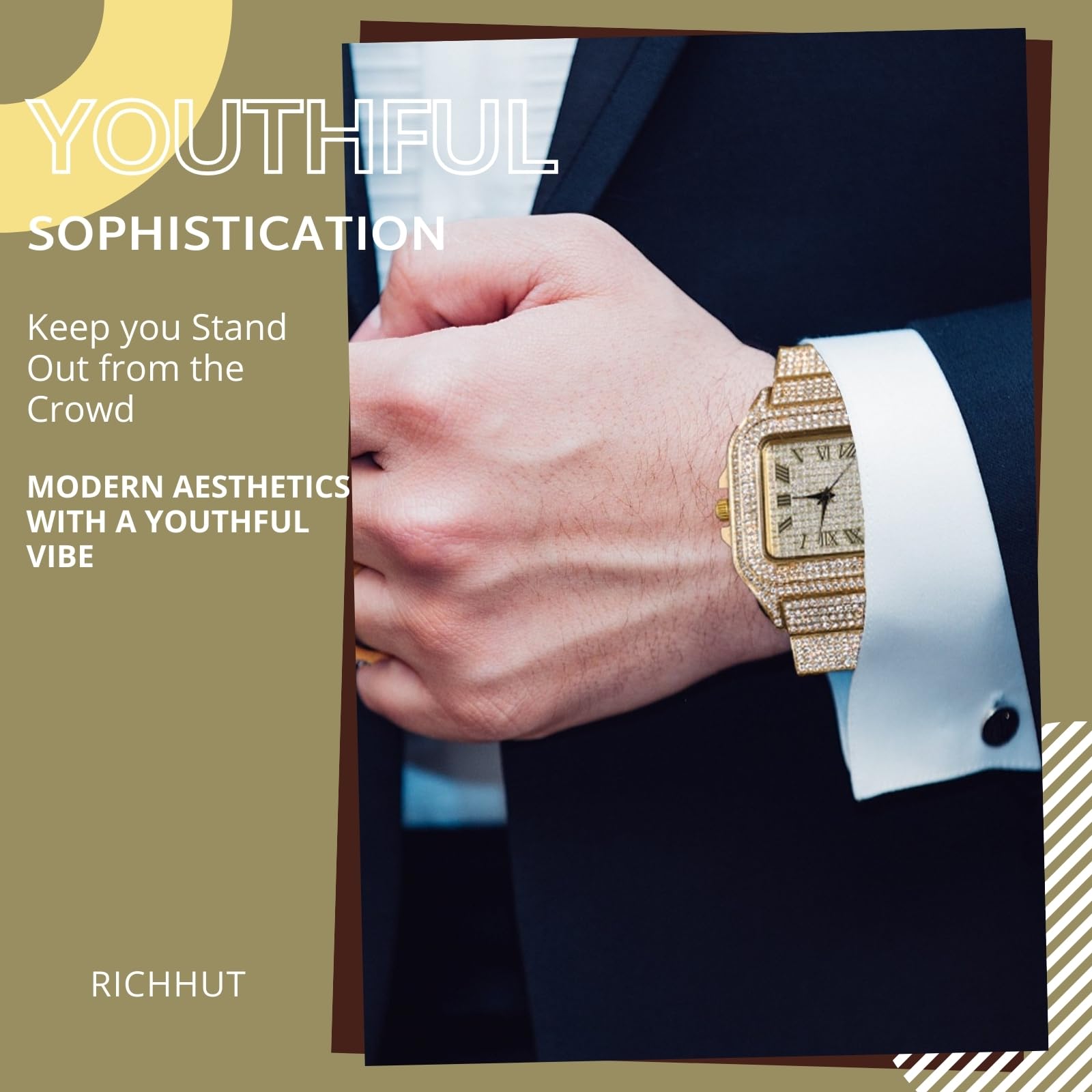 Reloj de diamantes para hombre y hombre, esfera cuadrada, pulsera de 20 mm de ancho, chapado en oro real/oro blanco de 18 quilates, chapado en platino, con juego de cadena de tenis opcional